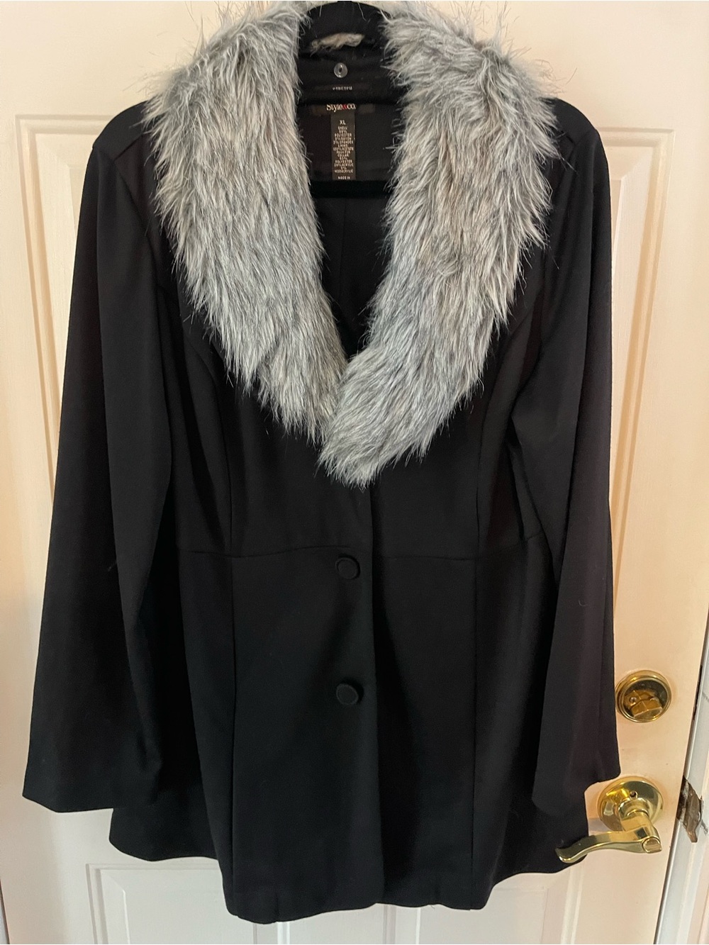 Style & Comp  Black Pea Coat with removable Gray Faux Fur Collar
